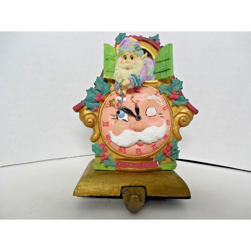 VTG Heritage Elf Sun / Moon Clock Face Painted Stocking Holder Cast Iron Base